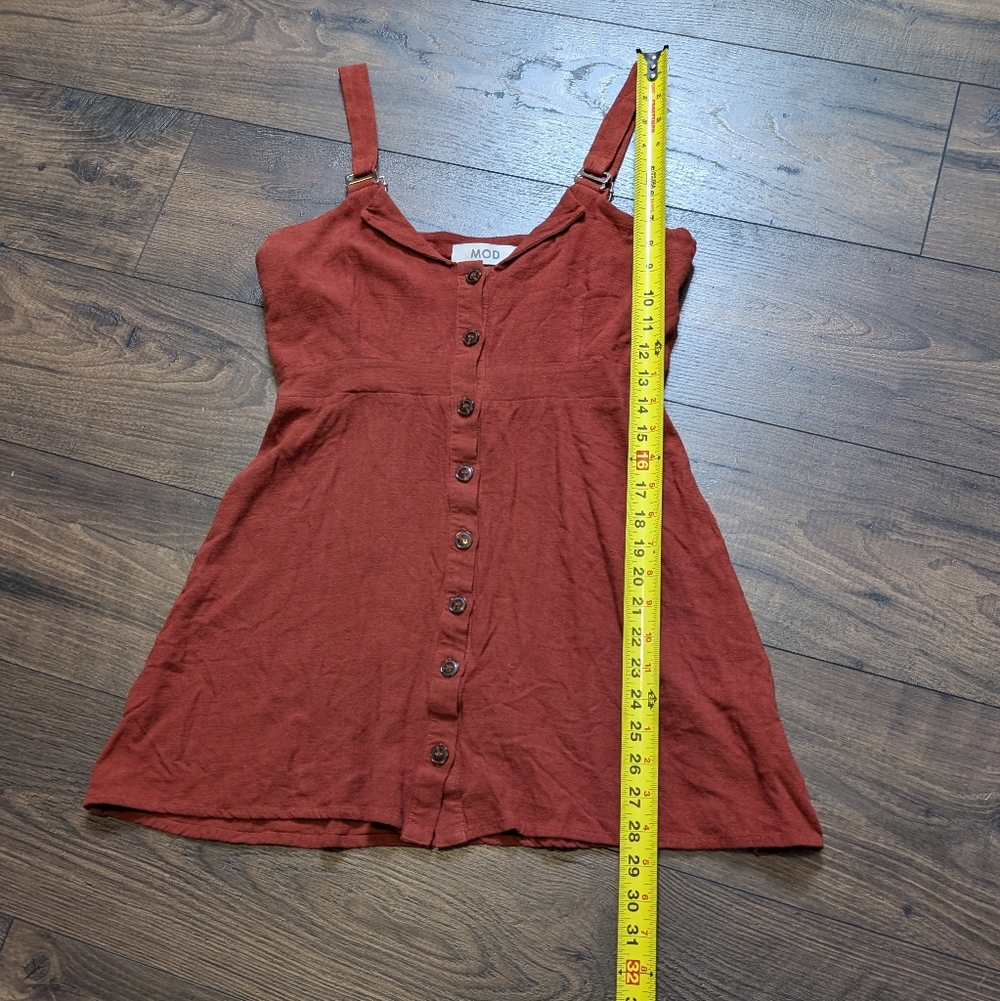 MOD Rust Button-Front Linen Cotton Mini Dress Size Medium - Picture 4 of 9